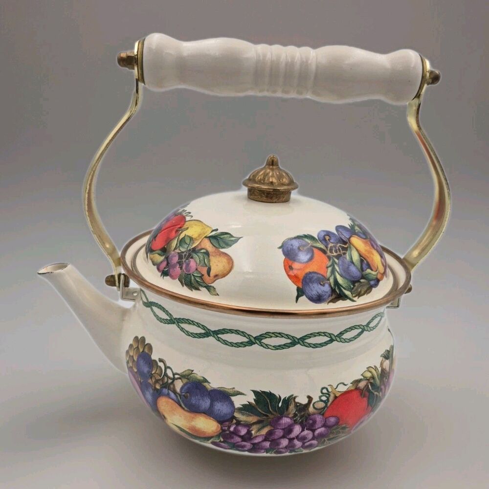 Tea Kettle Cornucopia Enamel Covered Fruit Design Vintage Made In Taiwan